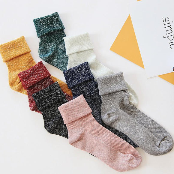 SP&CITY Winter Cotton Solid Shiny Woman Simple Socks Fashion Art Fold Female Student Thick Warm Socks Shiny Metallic Line Sock