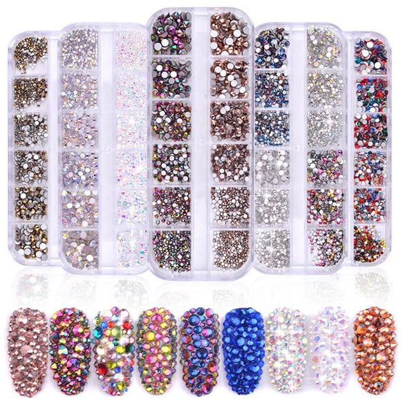 1 Box Multi Size Glass Nail Rhinestones Mixed Colors Flat-back AB Crystal Strass 3D Charm Gems DIY Manicure Nail Art Decorations